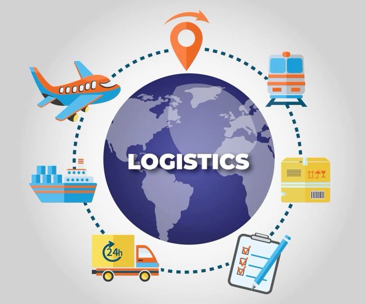Global logistics illustration with truck, ship, plane and train connected around a world map