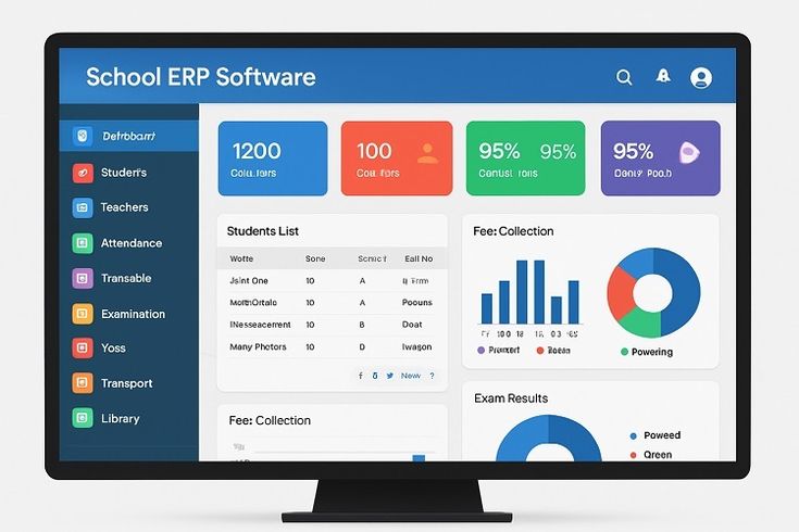 School ERP software dashboard showing students, teachers, attendance and fee collection analytics